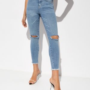 FREE PEOPLE - Spodnie jeansowe High Waist Raw Hem