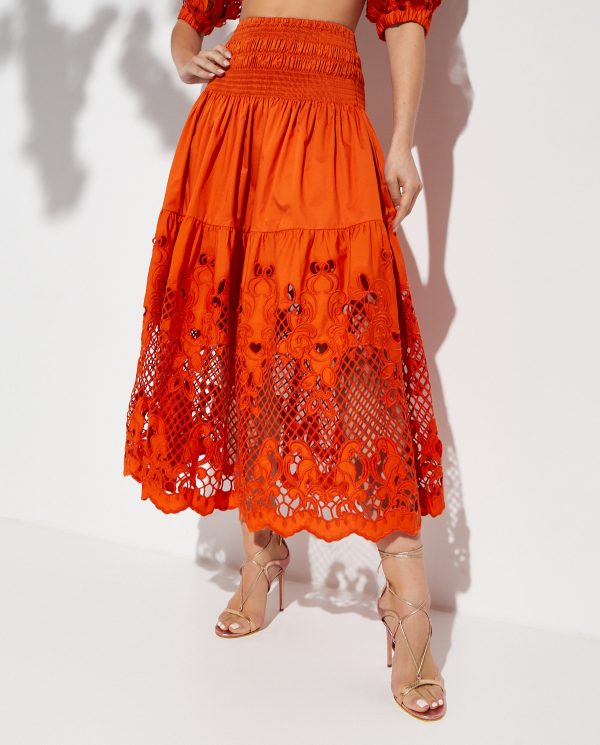 SELF PORTRAIT - Pomarańczowa koronkowa spódnica midi