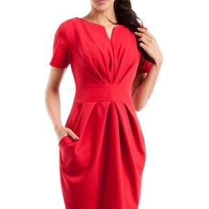 Sukienka elegancka z marszczeniami taliowana czerwona