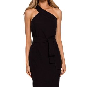 Sukienka elegancka ołówkowa na jedno ramię z rozcięciem czarna