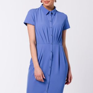 Sukienka koszulowa ołówkowa z kołnierzykiem krótki rękaw niebieska
