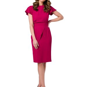 Elegancka ołówkowa sukienka z paskiem krótki rękaw fioletowa