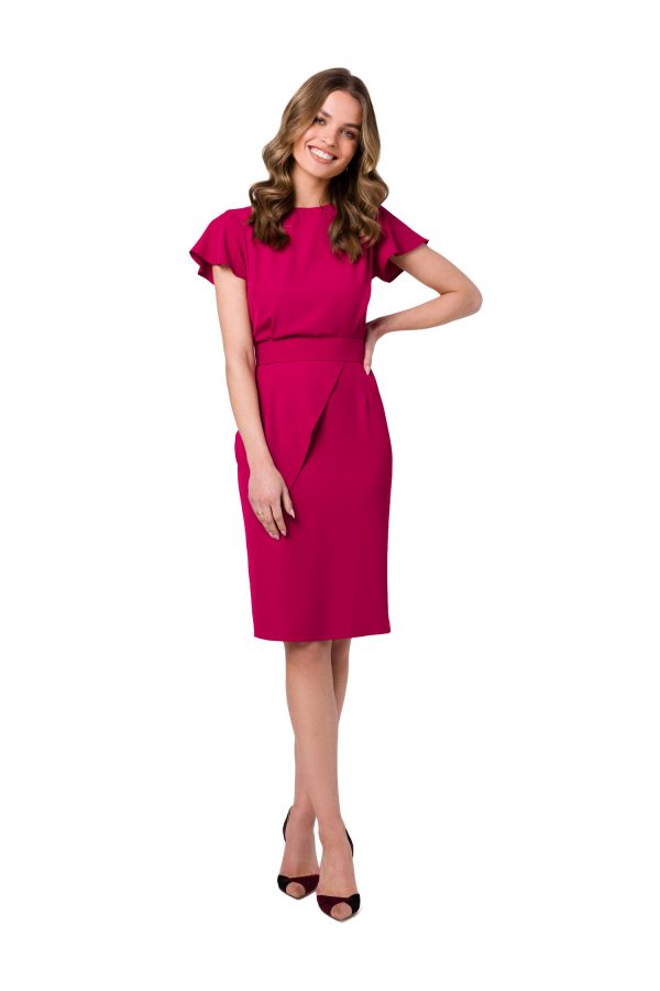 Elegancka ołówkowa sukienka z paskiem krótki rękaw fioletowa