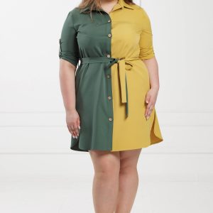 Wyjątkowa dwukolorowa sukienka Cindy oliwkowo-żółta rękaw 3/4PLUS SIZE