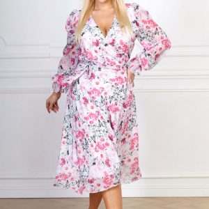 Koktajlowa sukienka Sofia w kolorze ecru w delikatne kwiatki PLUS SIZE XXL WIOSNA