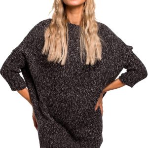 Sweter damski oversize z wełną melanżowy szary grafitowy