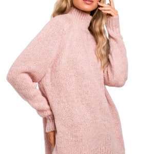 Sweter damski oversize asymetryczny sweter z wełną pudrowy róż