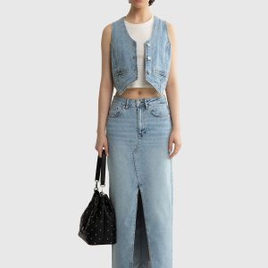 Spódnica damska maxi jeansowa z wysokim stanem Pili 208