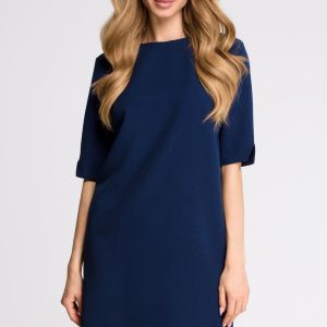 Elegancka sukienka trapezowa midi z dekoltem V z tyłu gładka granatowa