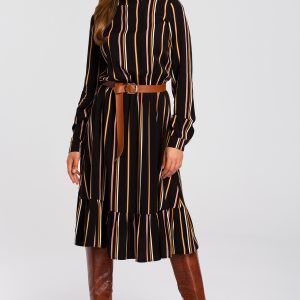 Sukienka boho w paski z falbaną na dole i paskiem brązowa wiskoza