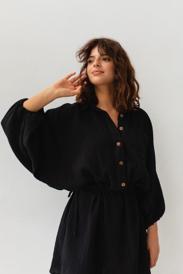 Sukienka typu kimono z muślinu w kolorze czarnym - SAVANNAH BLACK-M/L