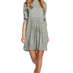 Sukienka boho rozkloszowana mini z wiskozy w kwiaty zielona