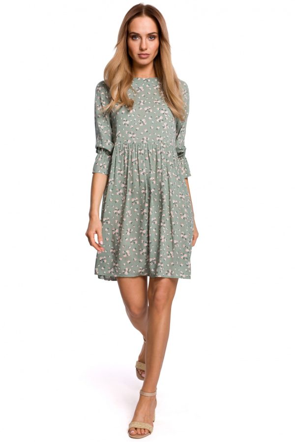 Sukienka boho rozkloszowana mini z wiskozy w kwiaty zielona