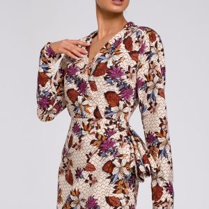 Elegancka sukienka z drapowaniem dekoltem V i modnym nadrukiem