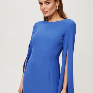 Elegancka ołówkowa sukienka mini rozcięte rękawy niebieska