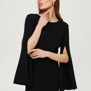 Elegancka ołówkowa sukienka mini rozcięte rękawy czarna
