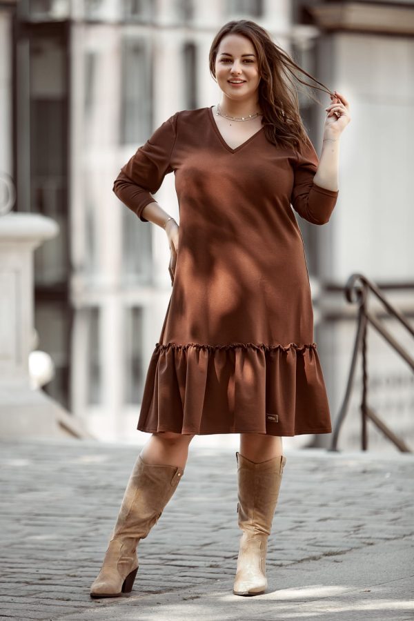 Brązowa sukienka Alicja z falbanką XXL OVERSIZE WIOSNA