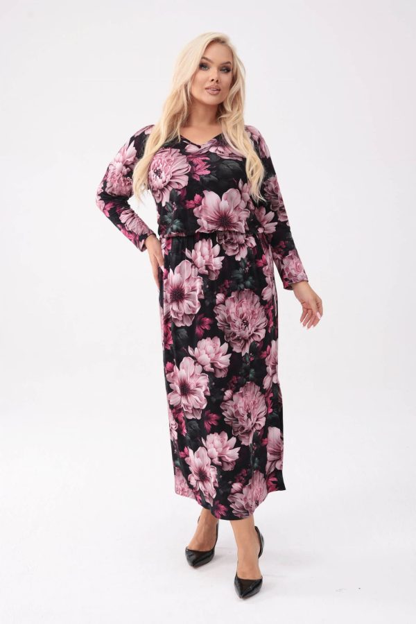 Elegancka sukienka Róża w kwiatowym wydaniu o długości MIDI PLUS SIZE XXL OVERSIZE