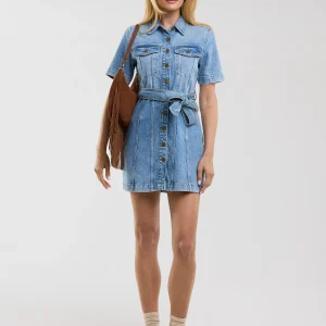 Sukienka damska mini jeansowa z krótkim rękawem niebieska Josie 304