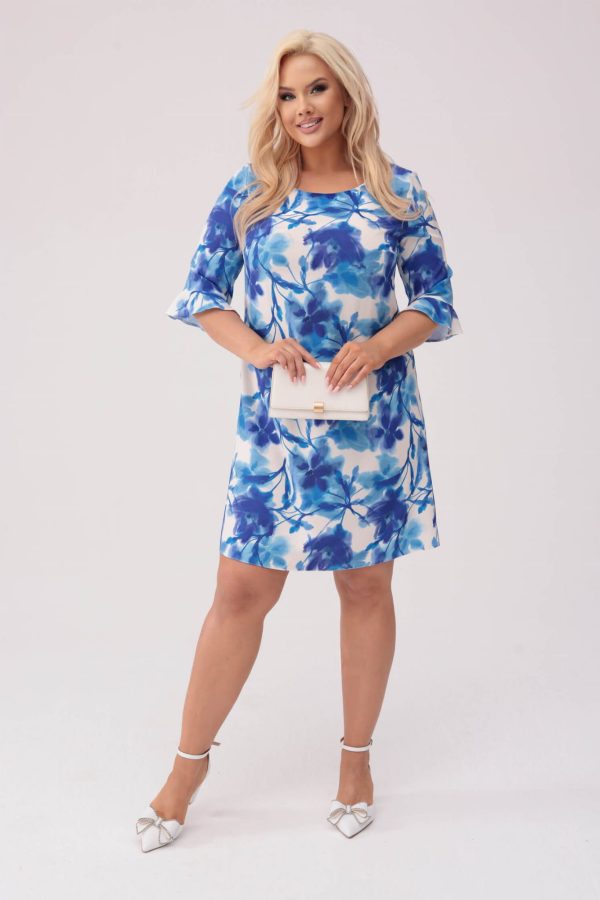 Trapezowa elegancka sukienka Ella - Błękitny Kwiat PLUS SIZE XXL OVERSIZE WIOSNA