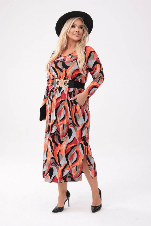 Elegancka sukienka Mira - Ognista Abstrakcja o długości MIDI PLUS SIZE XXL OVERSIZE