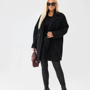 Czarny damski płaszcz Isabella z tkaniny bukla - elegancja i komfort PLUS SIZE XXL OVERSIZE