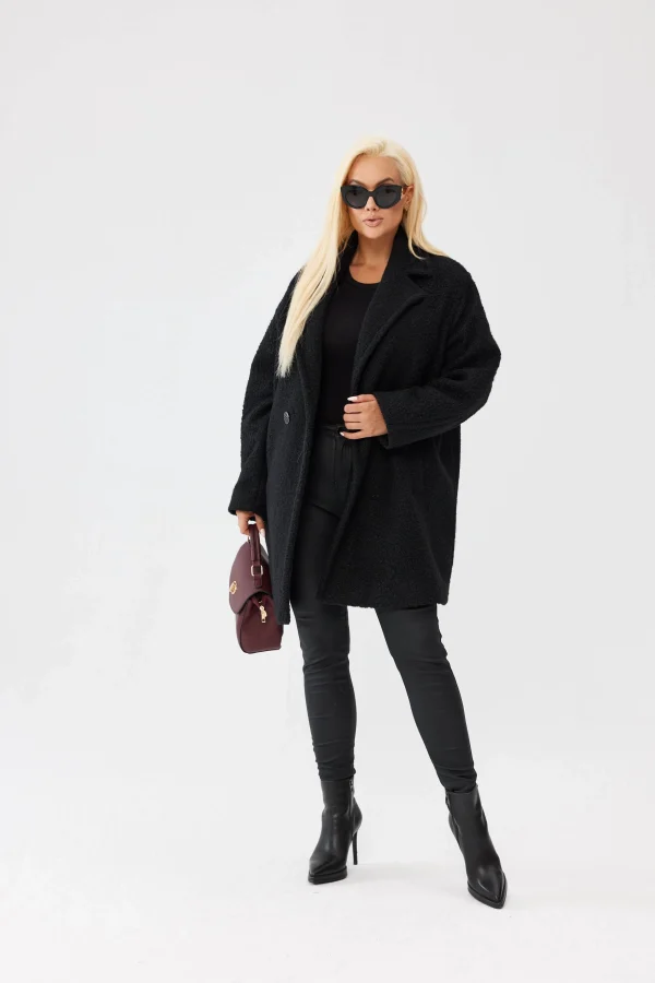 Czarny damski płaszcz Isabella z tkaniny bukla - elegancja i komfort PLUS SIZE XXL OVERSIZE