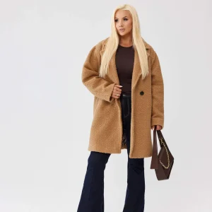 Karmelowy damski płaszcz Isabella z tkaniny bukla - elegancja i komfort PLUS SIZE XXL OVERSIZE