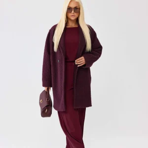 Damski płaszcz Isabella z tkaniny bukla w kolorze burgundowym - elegancja i komfort PLUS SIZE XXL OVERSIZE
