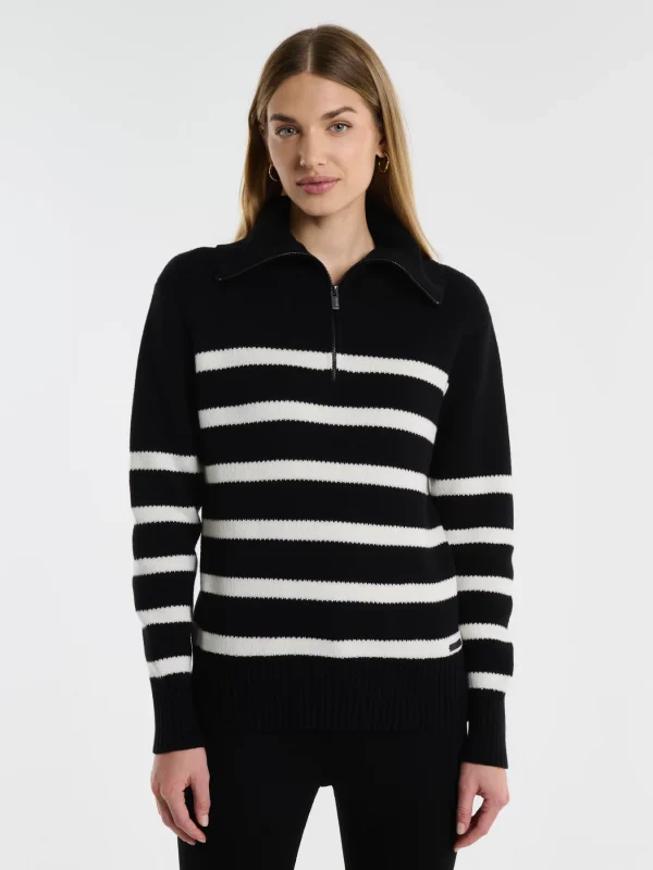 Sweter damski w czarno-białe paski rozpinany z dodatkiem kaszmiru Stripalia 906