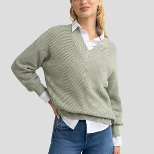 Sweter damski z wiskozy z dekoltem v-neck pistacjowy Cyntiana 300
