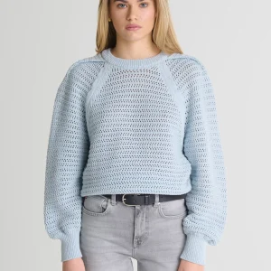 Sweter damski o ażurowym splocie błękitny Funia 400