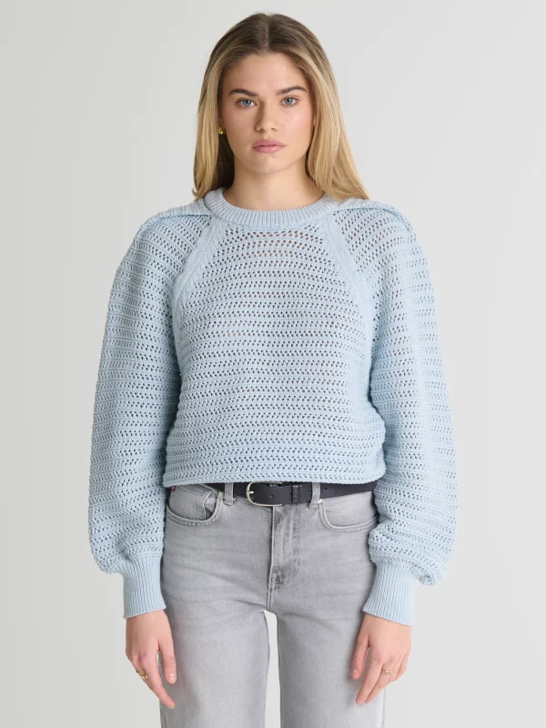 Sweter damski o ażurowym splocie błękitny Funia 400