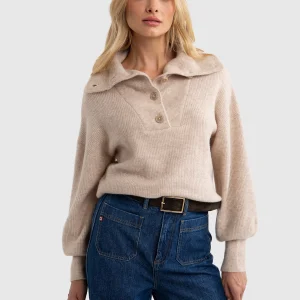 Sweter damski z rozpinanym golfem beżowy Pulina 801
