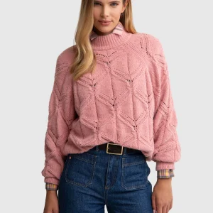 Sweter damski ażurowy ze stójką różowy Alilia 600