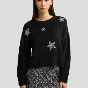 Sweter damski z dodatkiem wełny z aplikacją czarny Starlia 906