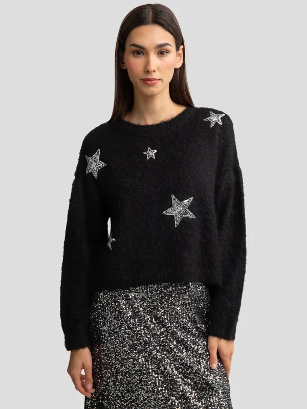 Sweter damski z dodatkiem wełny z aplikacją czarny Starlia 906