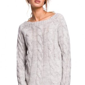 Sweter damski ze splotem typu warkocz szary
