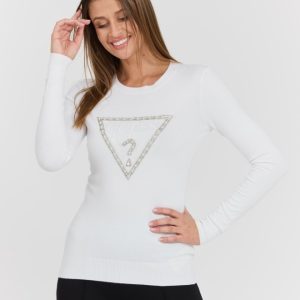 GUESS Biały damski sweter Rylie Triangle z dużym logo