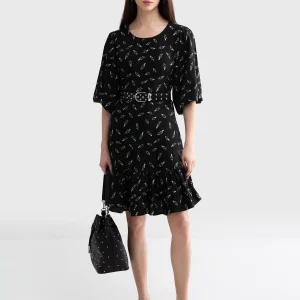 Sukienka damska z wiskozy z motywem kwiatowym czarna Bryana 906