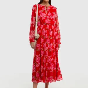 Sukienka damska midi z motywem kwiatowym czerwona Malini 603