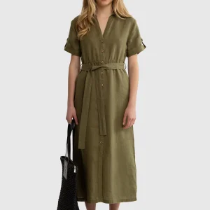 Lniana sukienka damska midi z wiązaniem w pasie khaki Viki 303