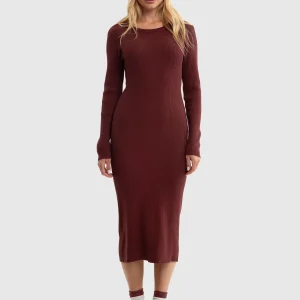 Sukienka damska midi z wiskozy w prążek bordowa Bodinia 604