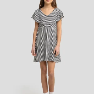 Sukienka dziewczęca z wiskozy z ozdobnym kołnierzem w paski biało-czarna Nolia 000