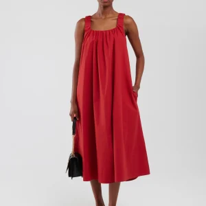 Sukienka damska midi na ramiączkach z paskiem ceglano-czerwona Ruena 704