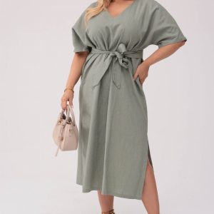 Sukienka Lenora w kolorze old green - Elegancja w naturalnym stylu PLUS SIZE OVERSIZE XXL