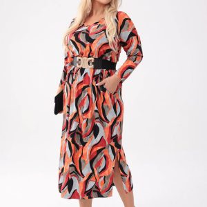 Elegancka sukienka Mira - Ognista Abstrakcja o długości MIDI PLUS SIZE XXL OVERSIZE