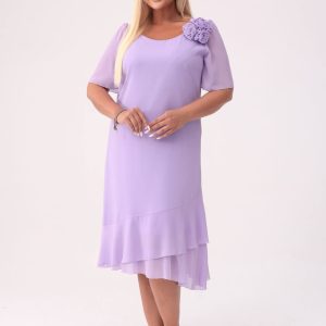 Elegancka szyfonowa lawendowa sukienka Maria z falbankami na wesele PLUS SIZE XXL