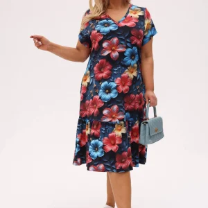 Wiskozowa sukienka Solea w wielobarwne hibiskusy PLUS SIZE XXL OVERSIZE