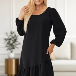Czarna sukienka Estera z falbanką i bufiastymi rękawami PLUS SIZE XXL OVERSIZE JESIEŃ